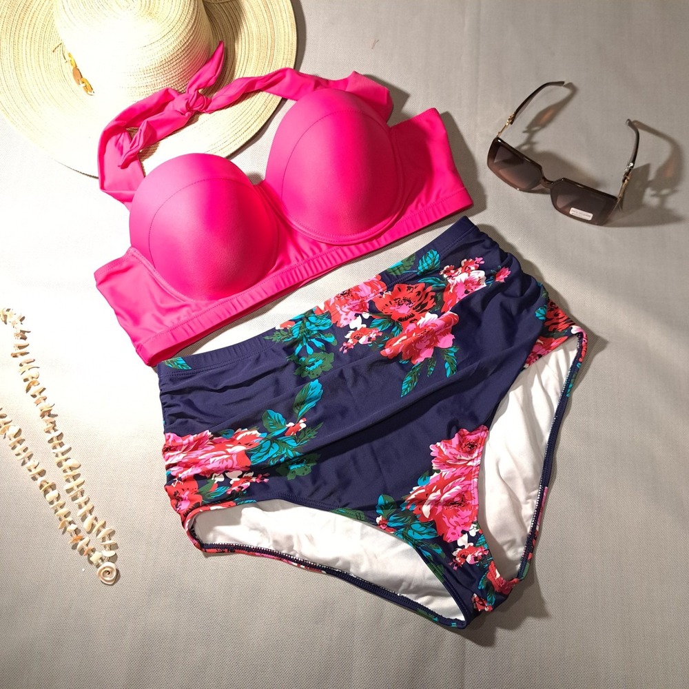 Women's High-Waisted Two-Piece Bikini‎ Bathing Swimsuit Pink/Blue XXL Floral
